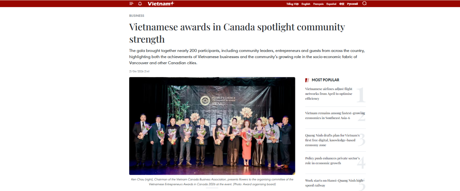 People’s Choice Vietnamese Business Awards in Canada Reaches Vietnam’s National Media